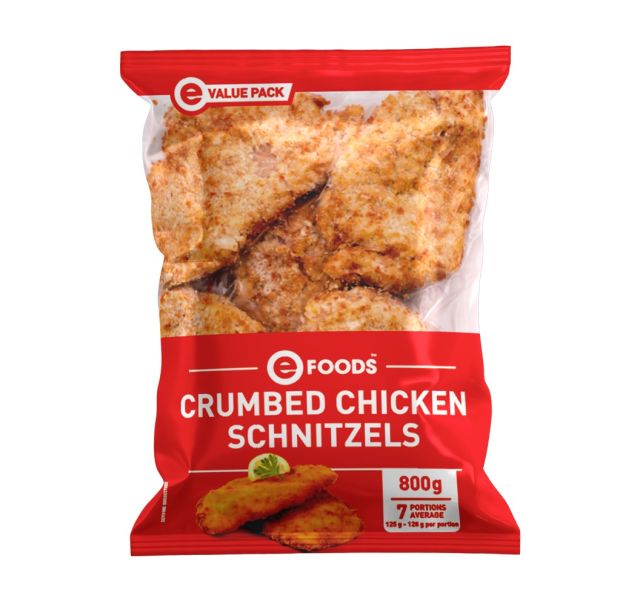 CHICKEN SCHNITZELS CRUMBED EFOODS 800G Code: BUDSHU <<< Econo Foods >>>