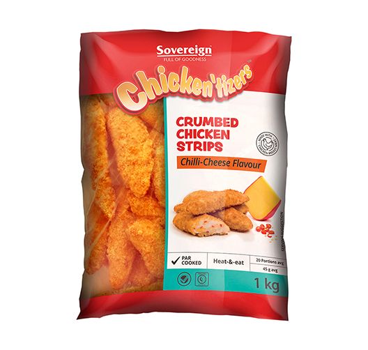 SOVEREIGN CRUMBED CHILLI CHEESE CHICKEN STRIPS 1KG Code: CHILCS-U <<< Econo Foods >>>