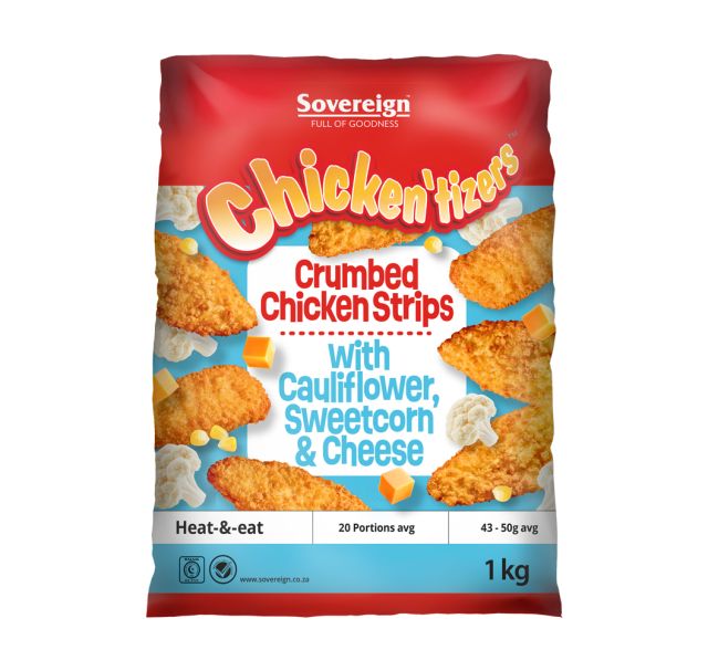 CAULIFLOWER SWEETCORN & CHEESE CHICKEN STRIPS 1KG Code: CTCSCCS-U <<< Econo Foods >>>
