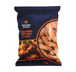 CHICKEN STRIPS CRUMBED FARMERS RANGE 1KG Code: FRCSTR-U <<< Econo Foods >>>
