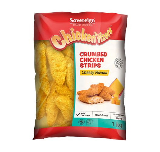 SOVEREIGN CRUMBED CHEESY CHICKEN STRIPS 1KG Code: CSSTBU <<< Econo Foods >>>
