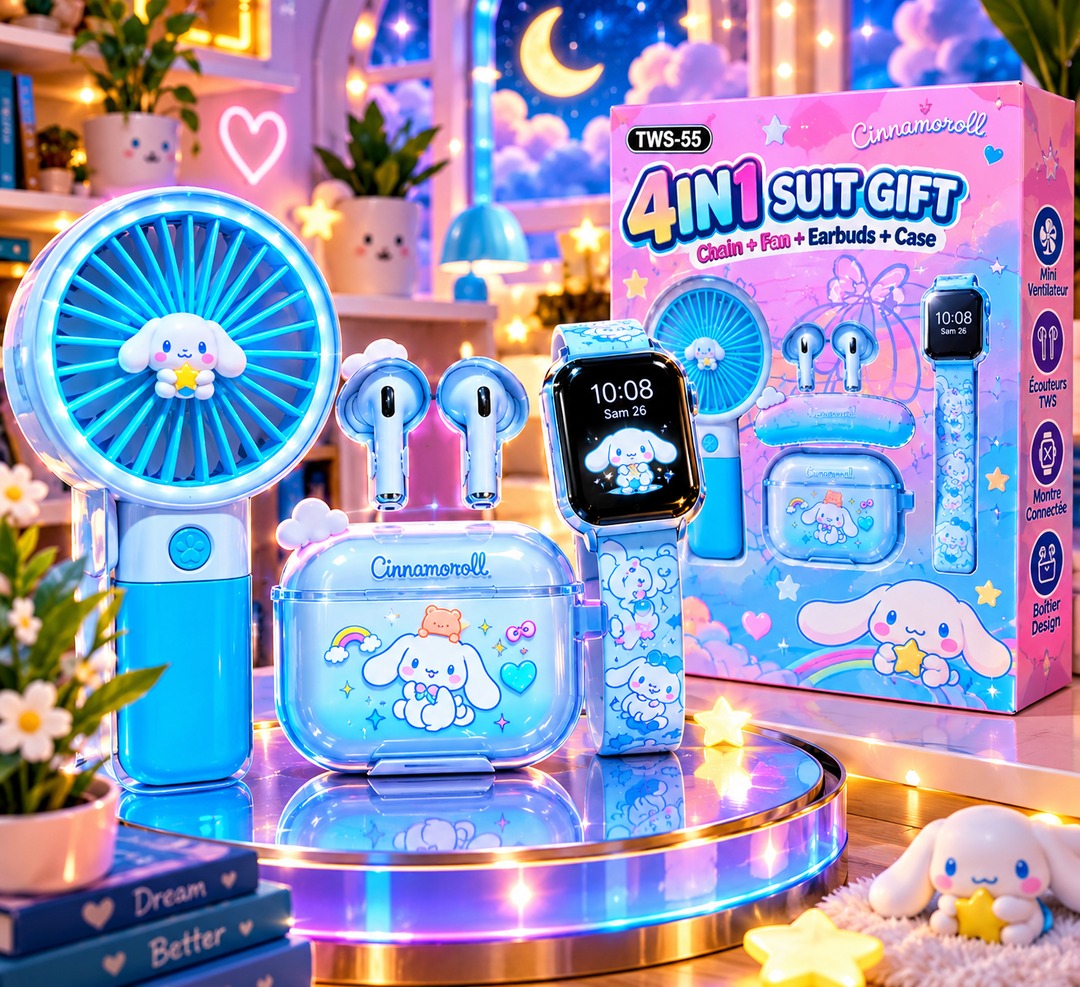 Coffret Cadeau 4-en-1 TWS-55 « Cool Summer » – Écouteurs Bluetooth + Mini Ventilateur + montre connecté 