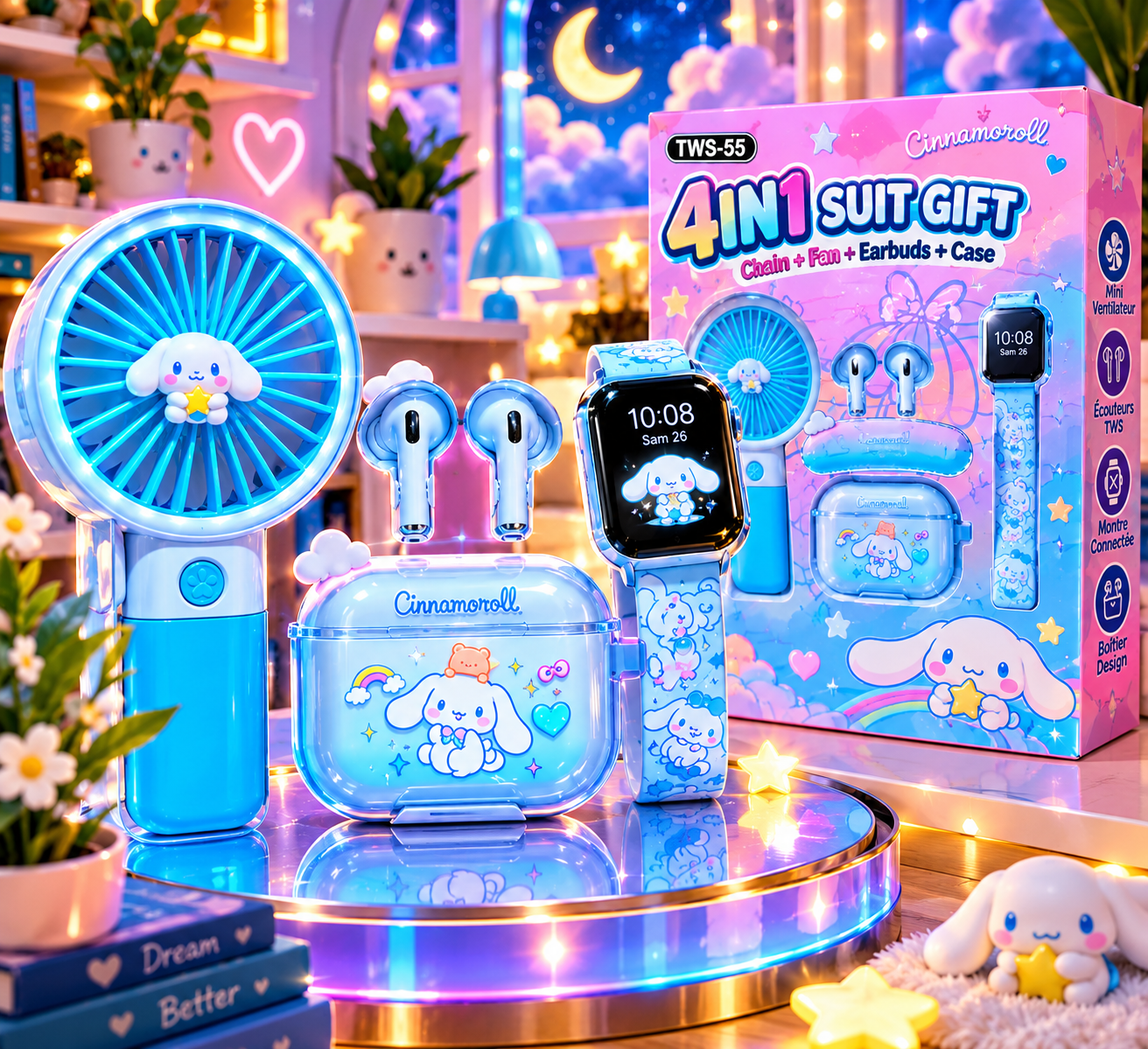 Coffret Cadeau 4-en-1 TWS-55 « Cool Summer » – Écouteurs Bluetooth + Mini Ventilateur + montre connecté _0
