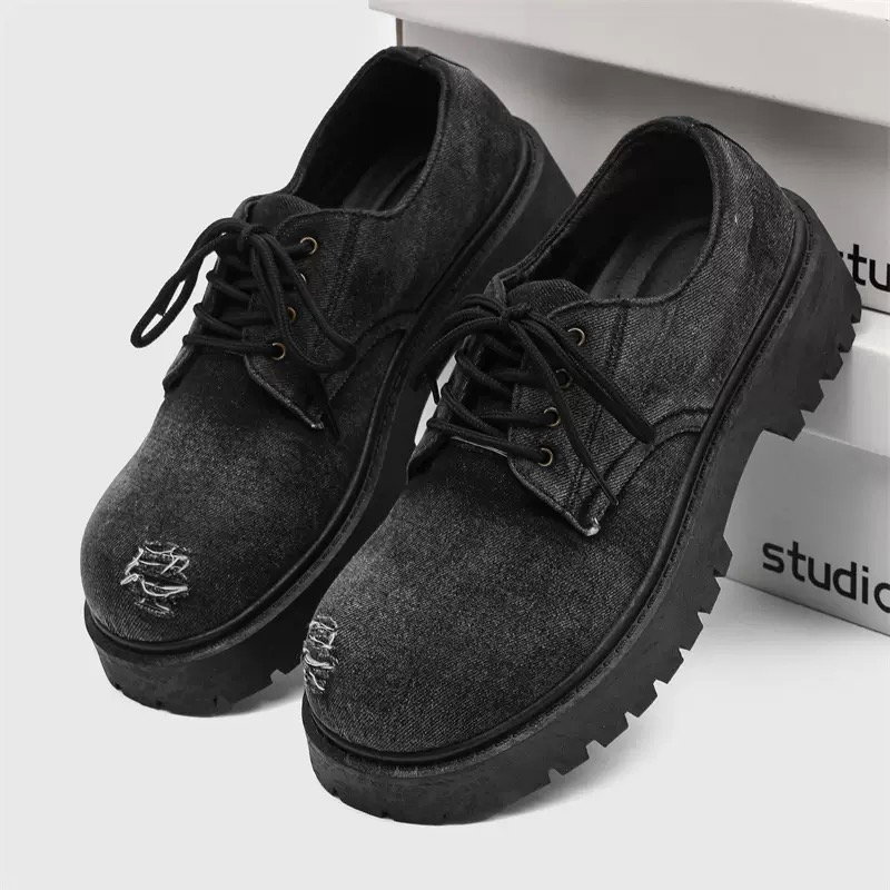 Distressed Black Denim Chunky Derby Shoes