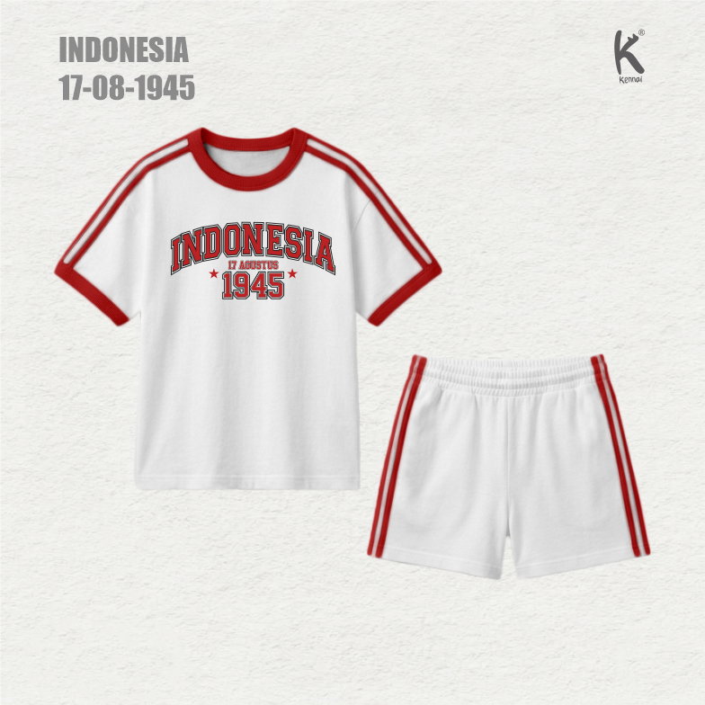SETELAN PENDEK TEMA MERAH PUTIH INDONESIA 1945 WHITE