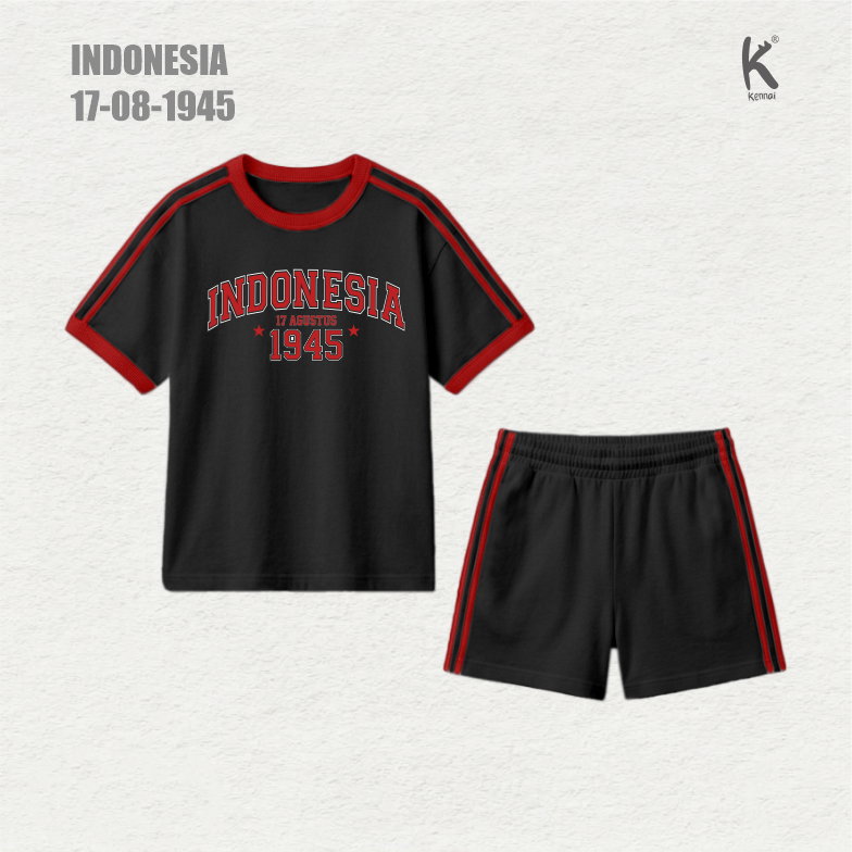 SETELAN PENDEK TEMA MERAH PUTIH INDONESIA 1945 BLACK