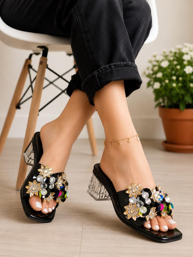 Glossy heeled, open-toe mule sandals slides_3