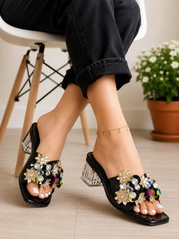 Glossy heeled, open-toe mule sandals slides