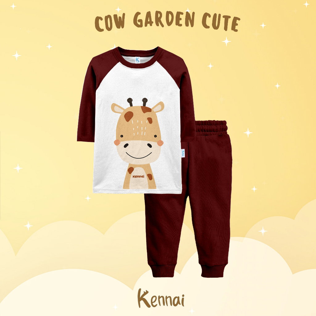 SETELAN PANJANG RAGLAN ANIMAL KAWAI COW GARDEN CUTE