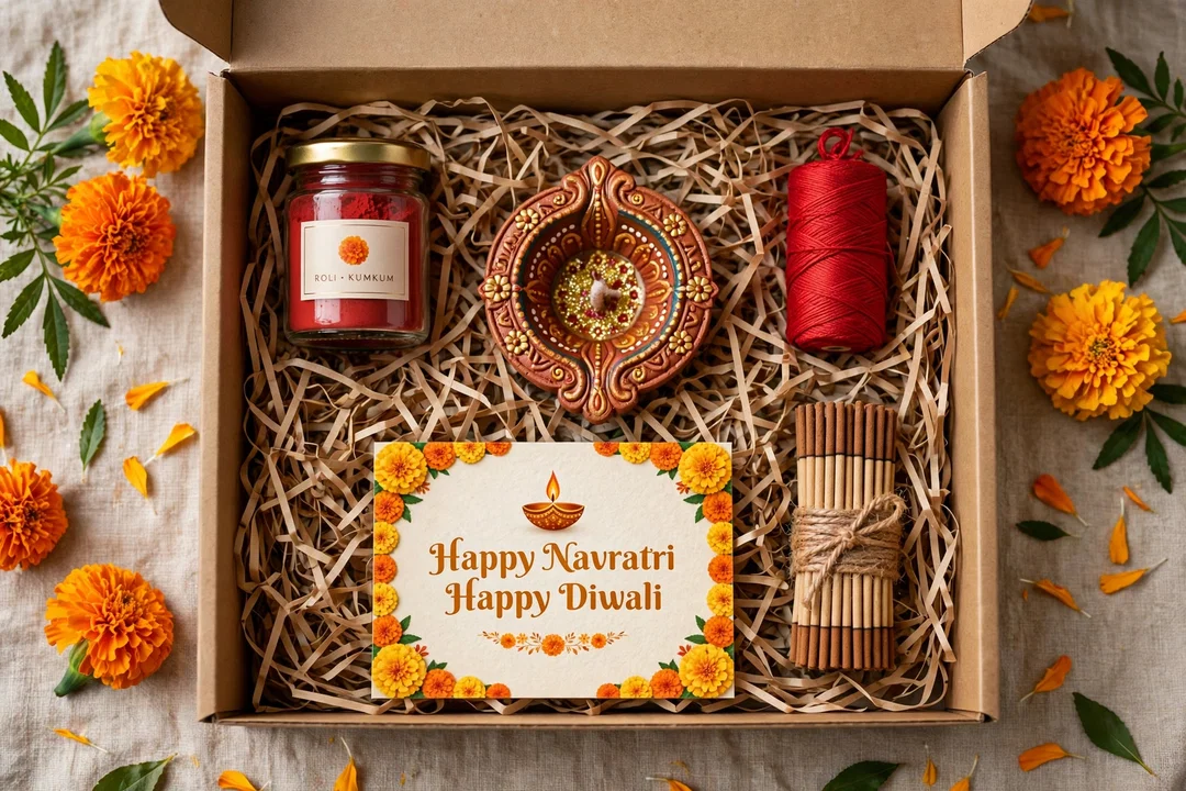 Decorated Diya❤️ Roli - Kumkum Jar🧶 Red Moli / Kalawa🪷 Incense Sticks (Agarbatti)💌 Card — Happy Navratri / Happy Diwali