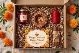 Decorated Diya❤️ Roli - Kumkum Jar🧶 Red Moli / Kalawa🪷 Incense Sticks (Agarbatti)💌 Card — Happy Navratri / Happy Diwali
