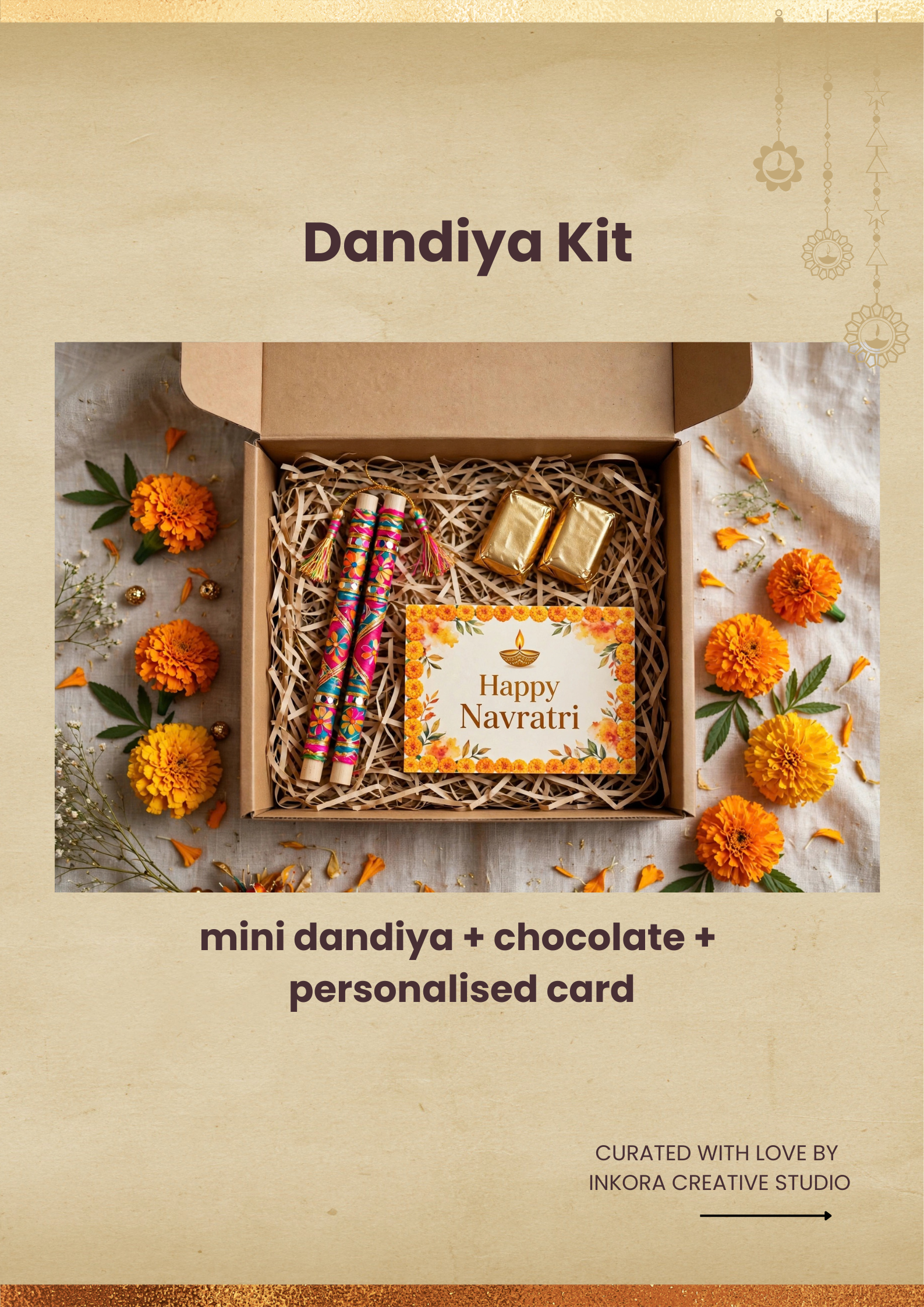 Dandiya Kit- Mini Colorful Dandiya Pair🍫 2x Gold Chocolates💌 Personalized Card — Happy Navratri