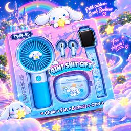 Coffret Cadeau 4-en-1 TWS-55 « Cool Summer » – Écouteurs Bluetooth + Mini Ventilateur + montre connecté 