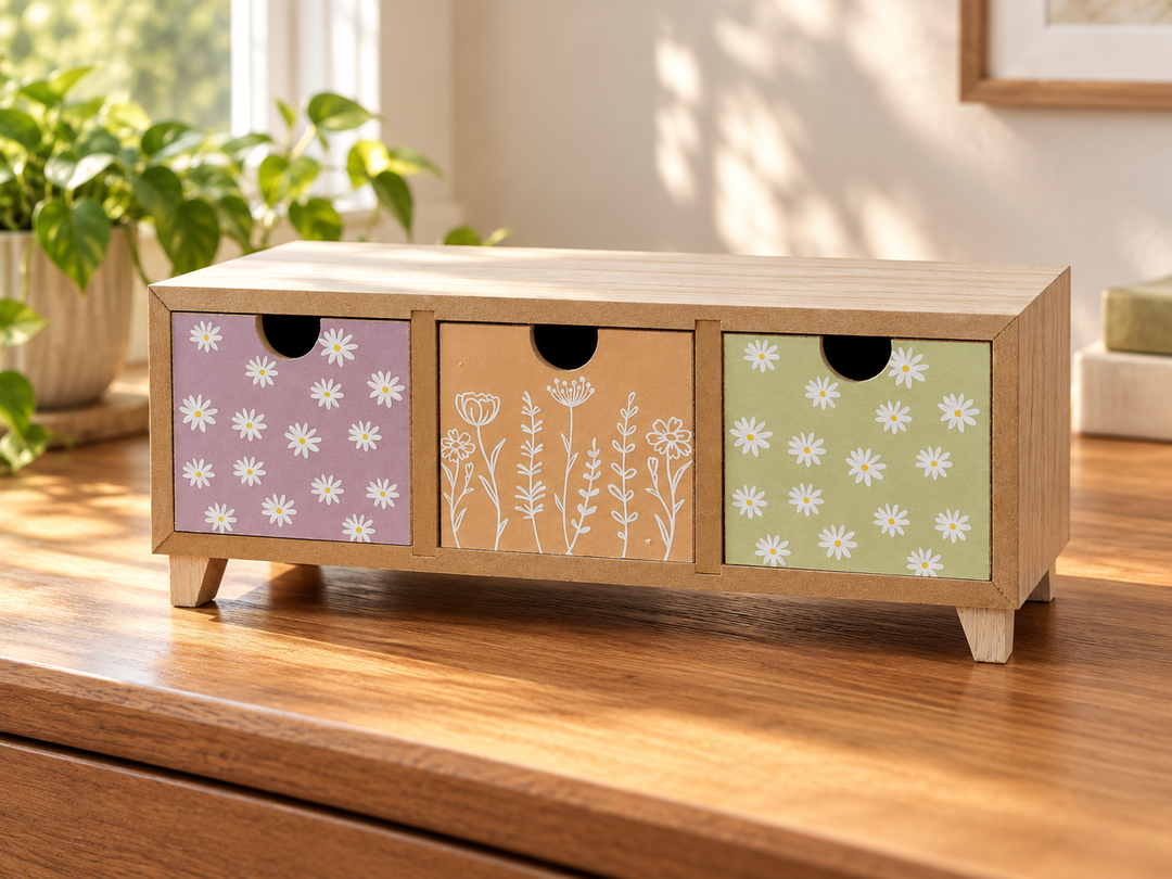 Three-Drawer Floral Wooden Storage Cabinet