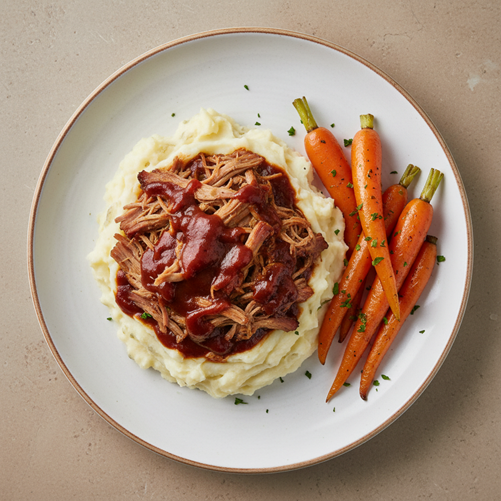 Large BBQ pulled pork w/ mash and glazed carrots (1.2kg—feeds 4)_0