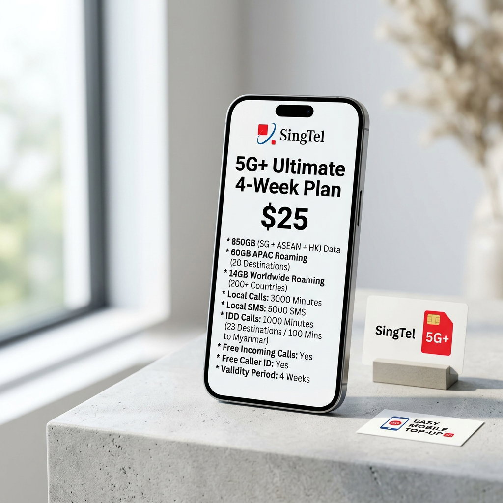 SingTel 5G+ $25 850GB (SG + ASEAN + HK Roaming) Ultimate 4-Week Plan