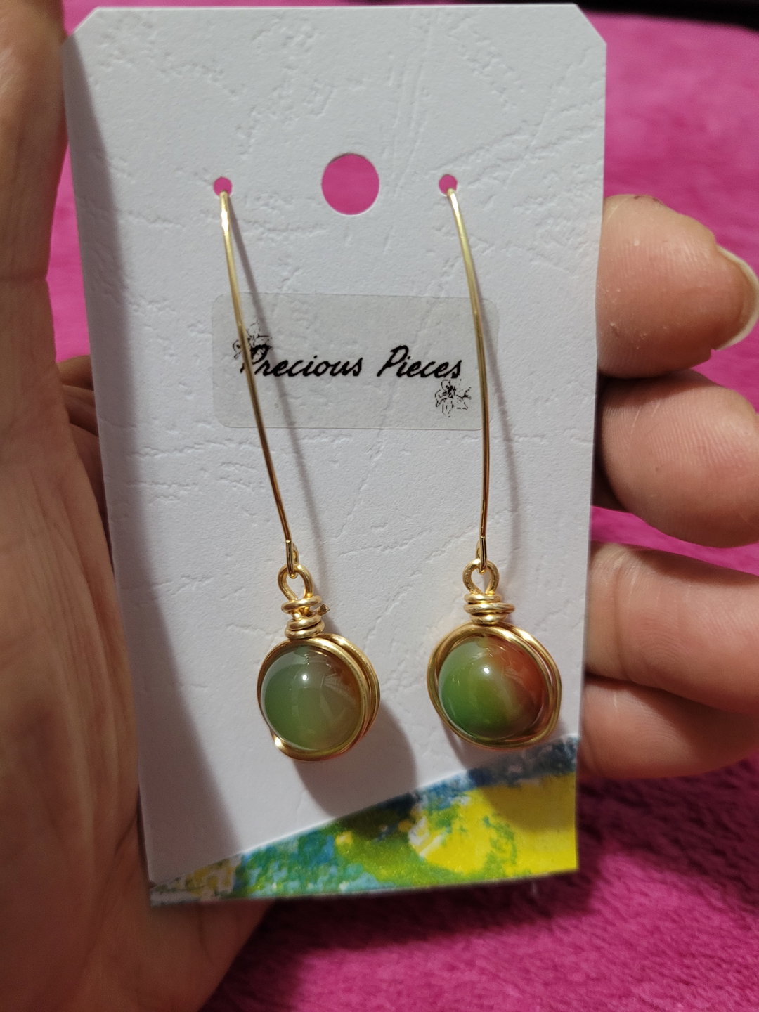 Wire wrapped peacock agate stone earrings