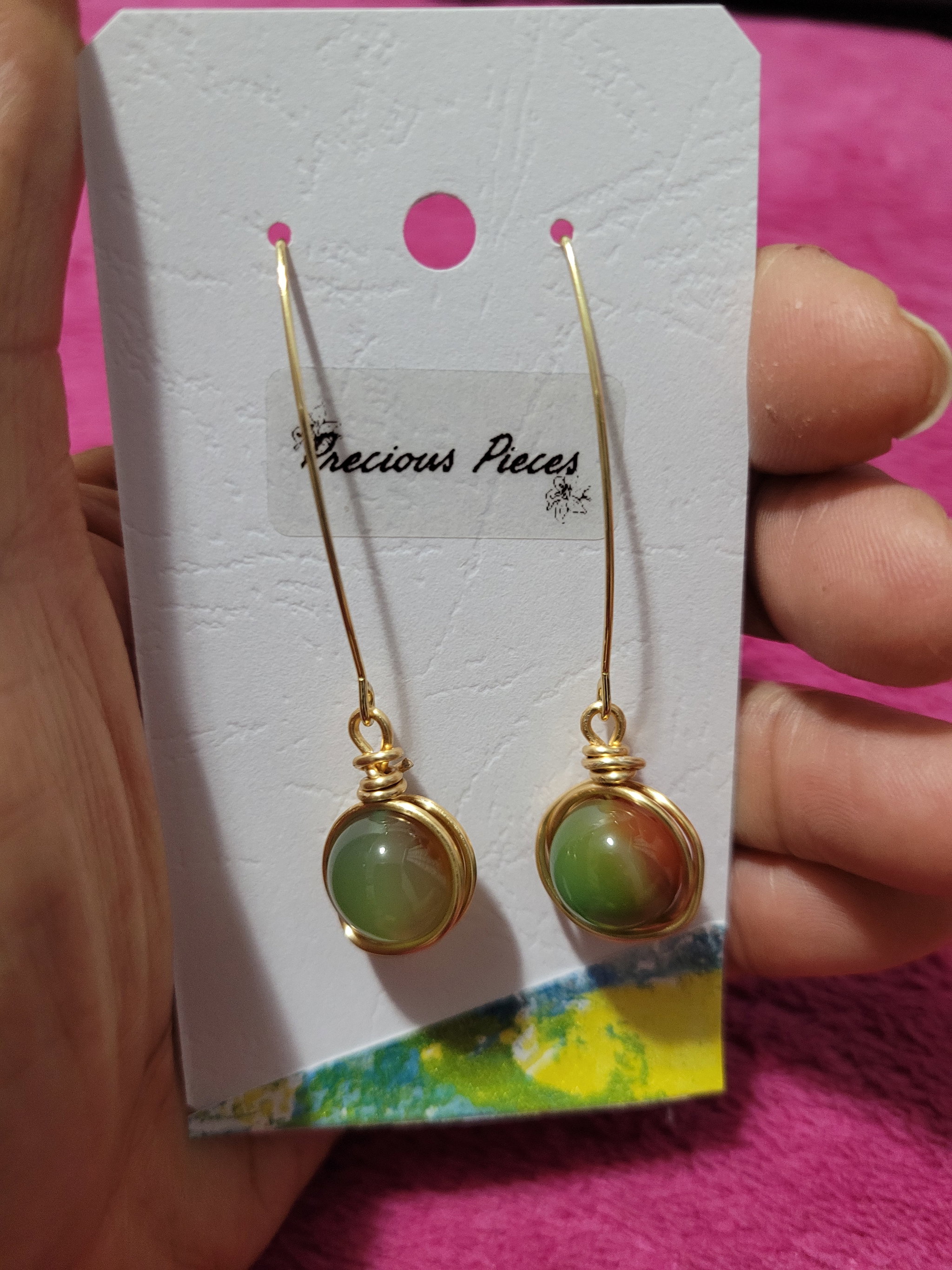 Wire wrapped peacock agate stone earrings_0