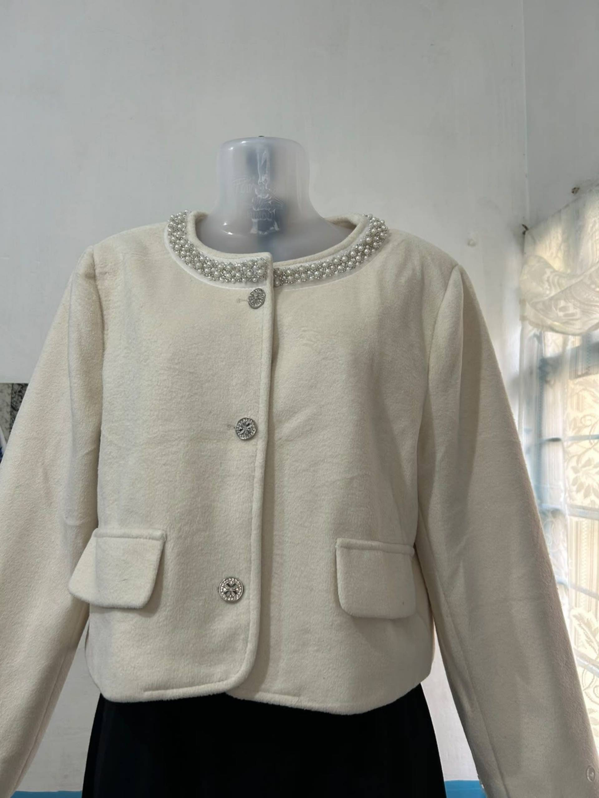 Cream Pearl-Detail Jacket
