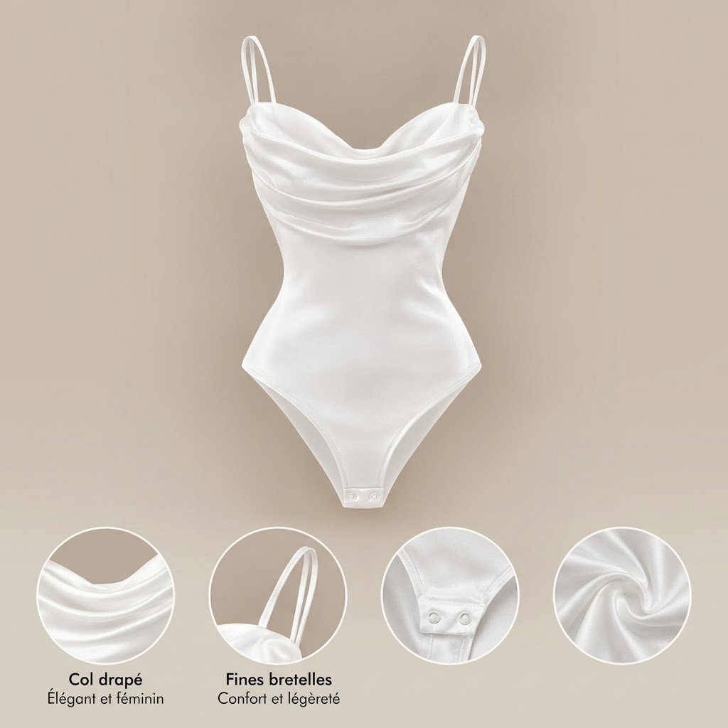 Body Femme Blanc Satiné à Fines Bretelles – Col Drapé