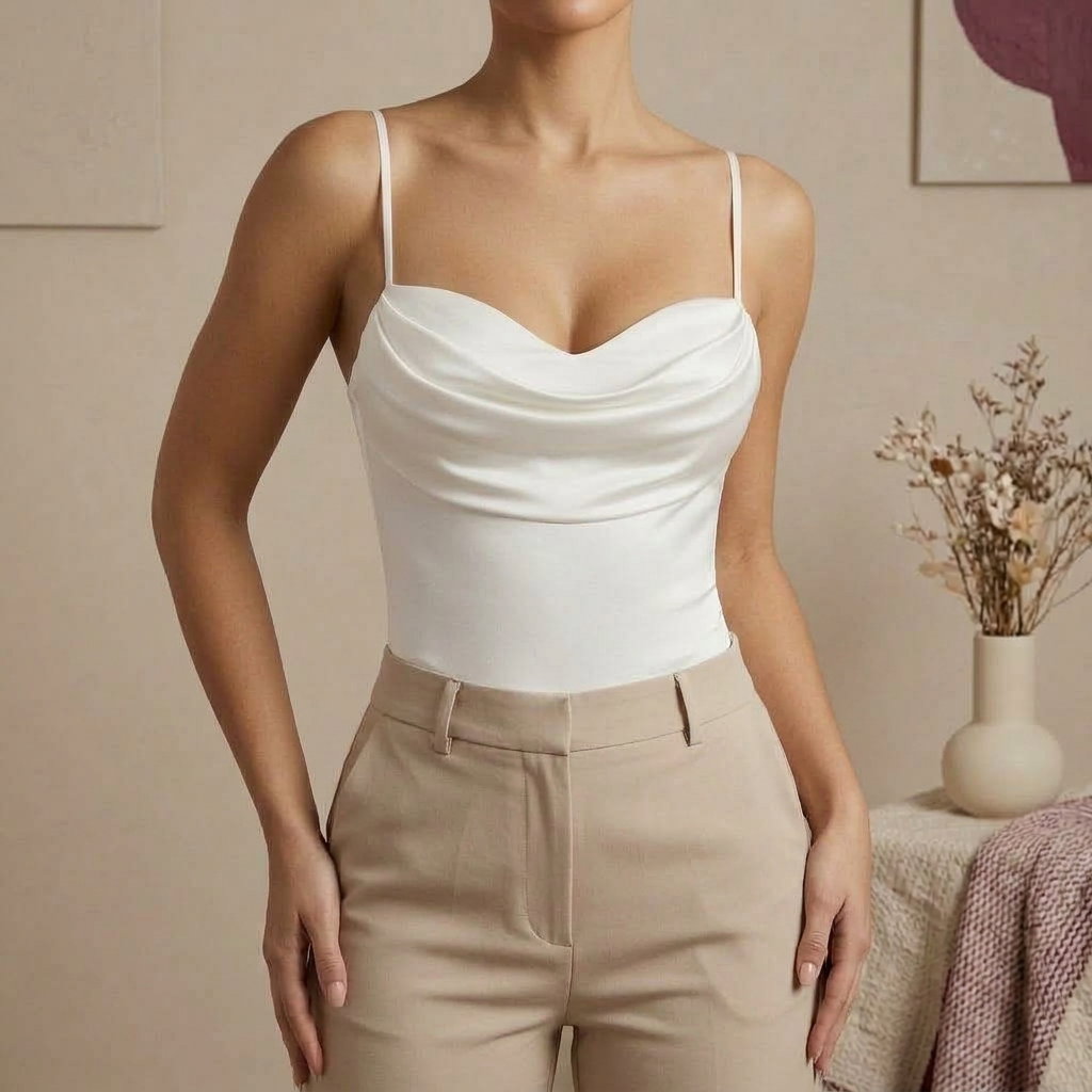 Body Femme Blanc Satiné à Fines Bretelles – Col Drapé_1