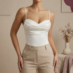 Body Femme Blanc Satiné à Fines Bretelles – Col Drapé