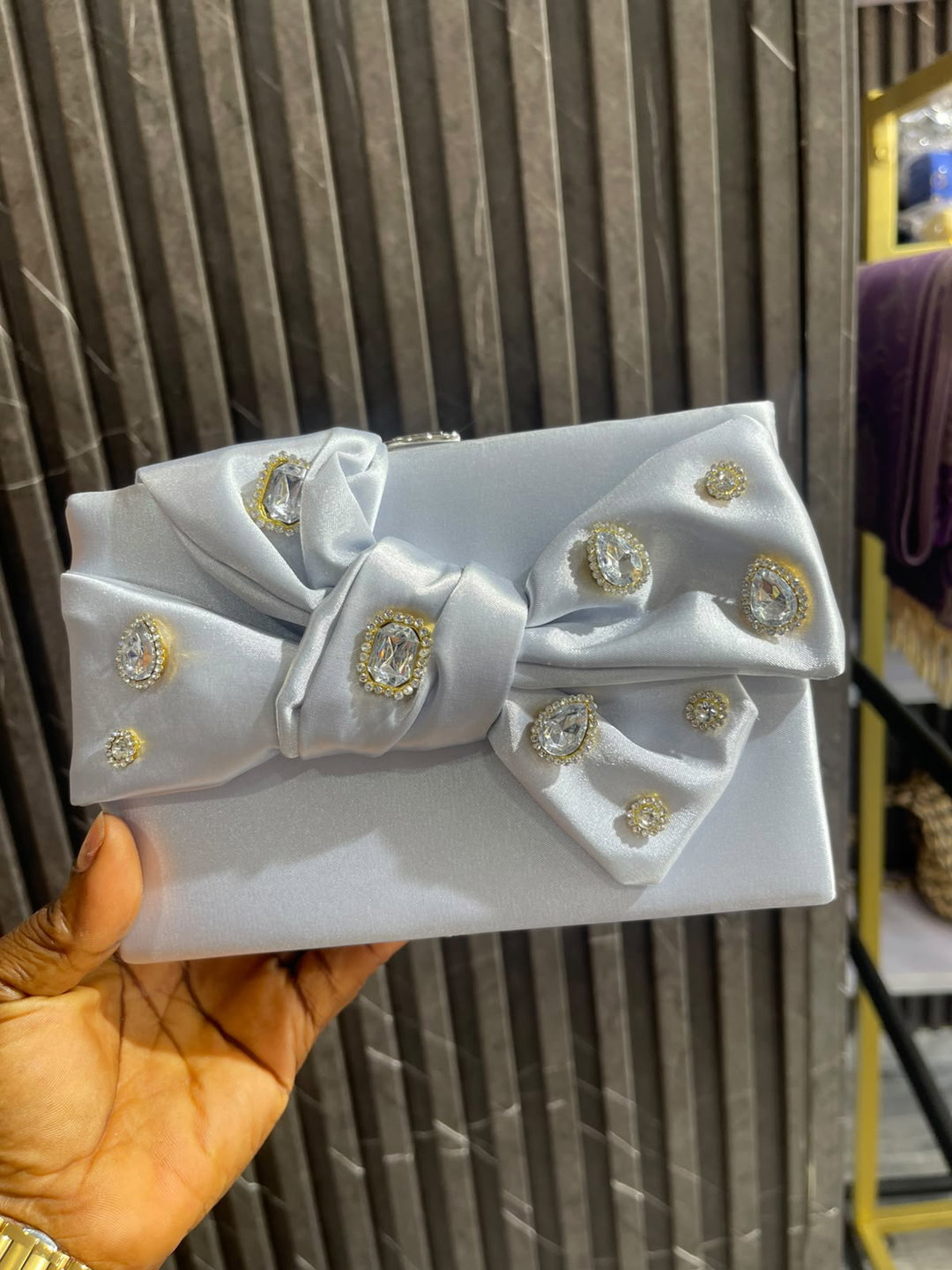 Glitz Satin Crystal Bow Clutch - Silver