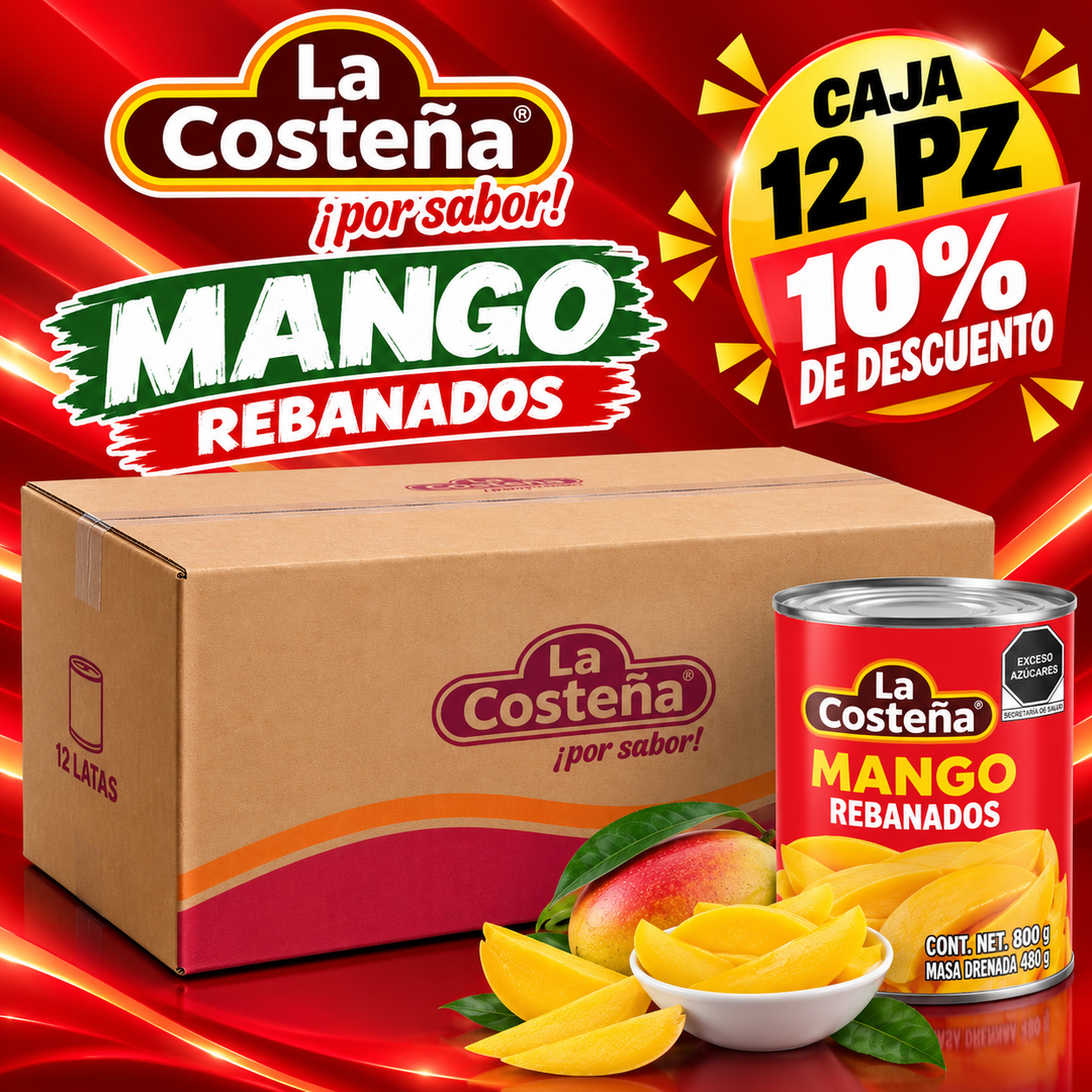 X CAJA DE LATA DE MANGO REBANADOS LA COSTEÑA 12 PZ 800GR  C/U.