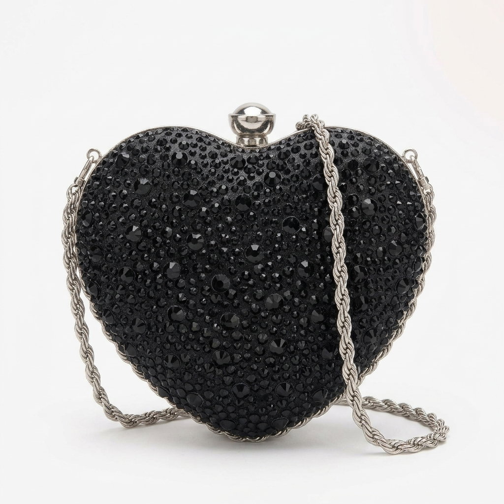 Glitz Black Crystal Heart Clutch