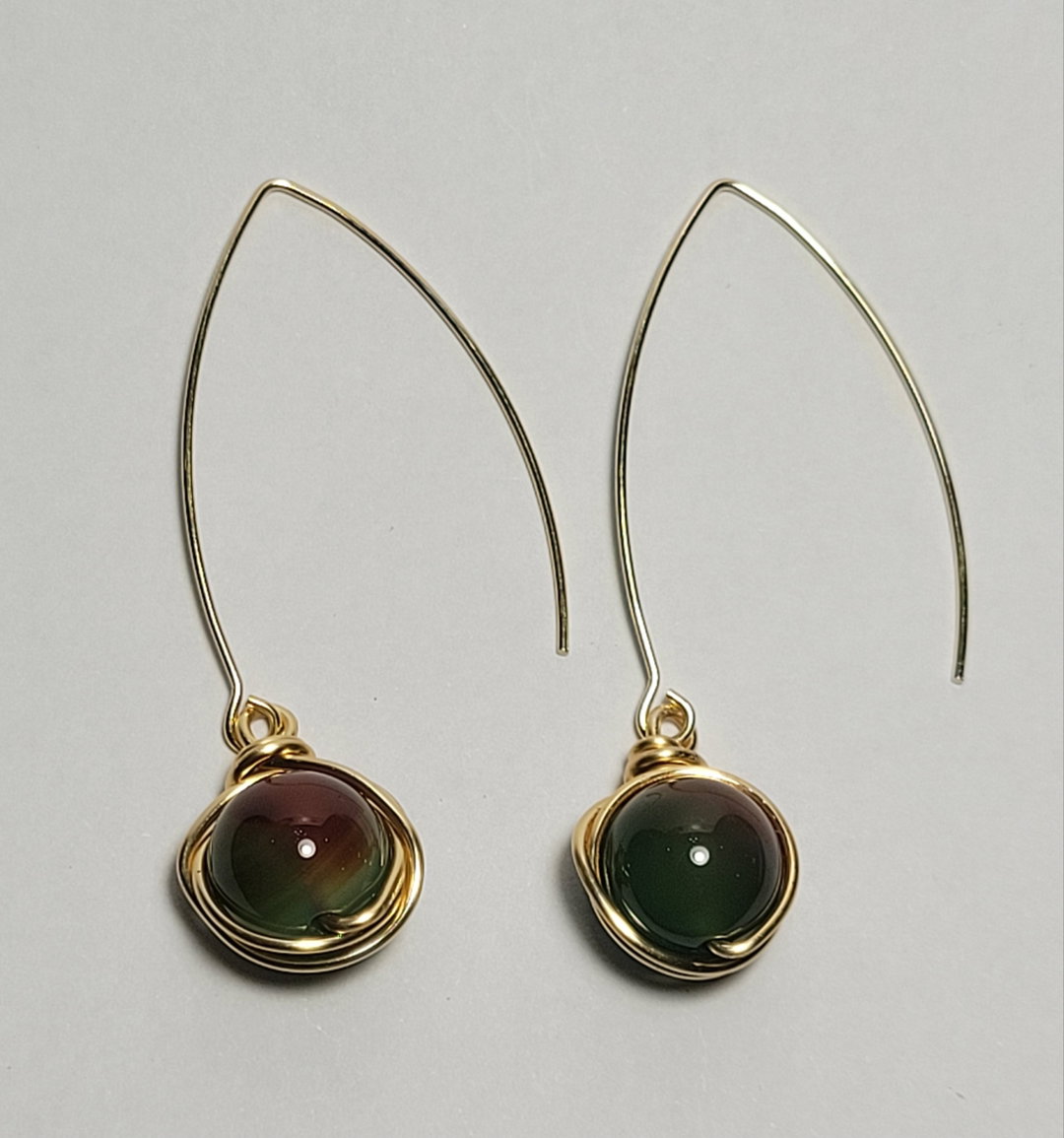 Wire wrapped peacock agate stone earrings