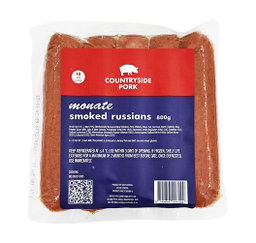 PORK RUSSIANS SMOKED MONATE FSH COUNTRY SIDE PORK 800G <<< Econo Foods >>>