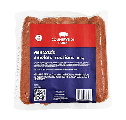 PORK RUSSIANS SMOKED MONATE FSH COUNTRY SIDE PORK 800G <<< Econo Foods >>>