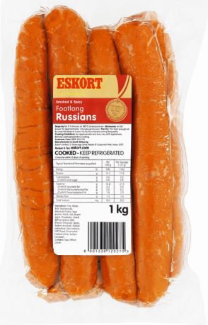 ESKORT FOOTLONG SMOKED RUSSIANS 1KG <<< Econo Foods >>>