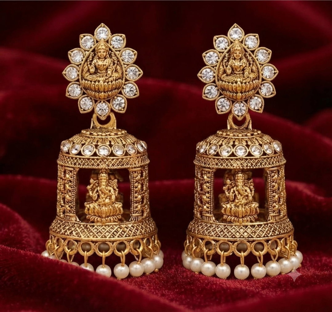 Antique Gold-Plated Lakshmi Temple Dome Jhumka Earrings with Colorful Pearls & Stones