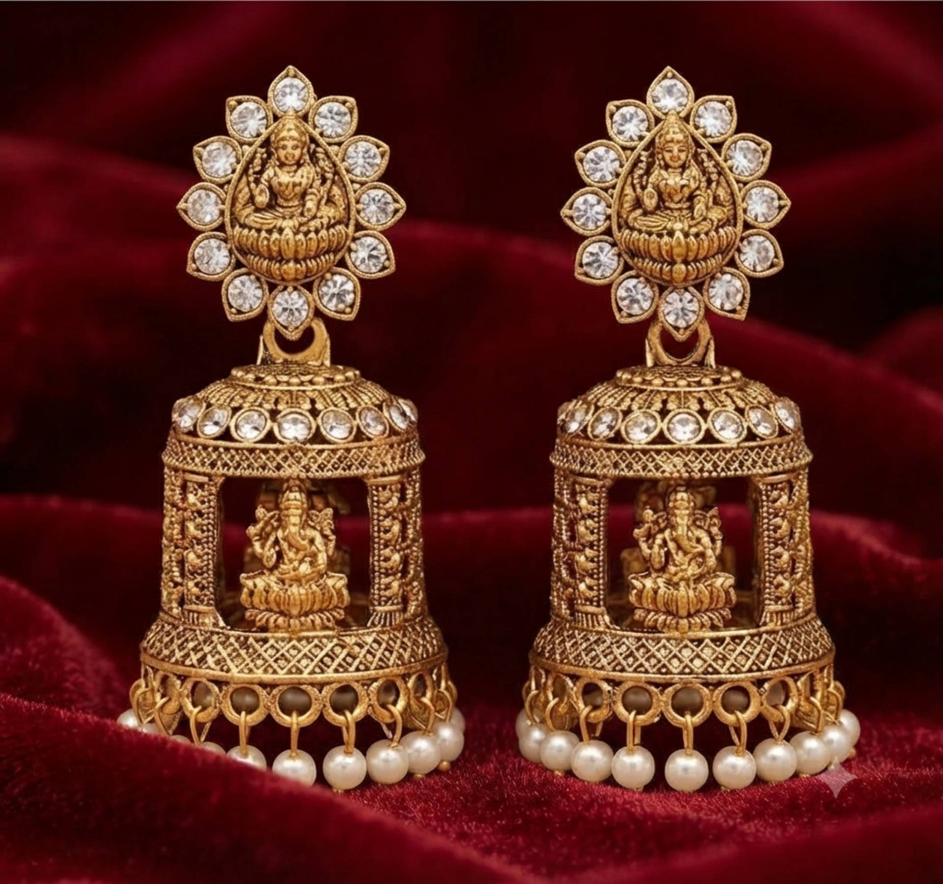 Antique Gold-Plated Lakshmi Temple Dome Jhumka Earrings with Colorful Pearls & Stones_0