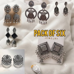 Trendy Oxidized Silver Jhumka & Stud Earrings Combo Set - Pack of 6For Women And Girl