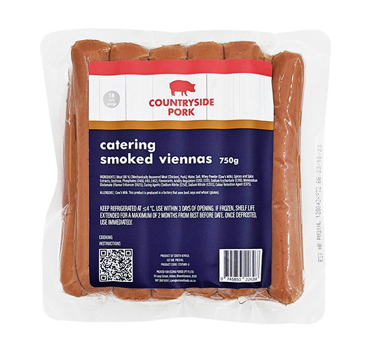 PORK VIENNAS SMOKED CATERING FSH COUNTRY SIDE PORK 750G Code: CSVSMO-U <<< Econo Foods >>>