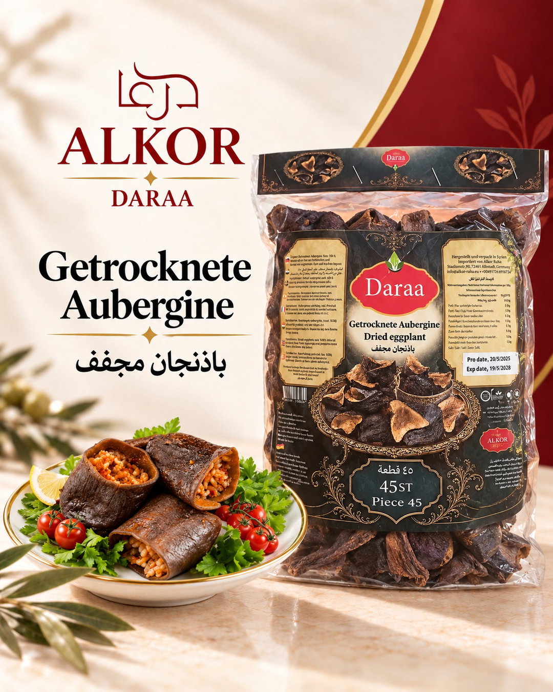 Daraa Syrische Getrockneten Auberginen 45 St pro Packung X 9 st-Stückpreis: 6,99 €- zzgl.MwSt / باذنجان مجفف من شركة الكور درعا