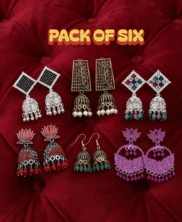 Ethnic Oxidized & Antique Gold Plated Jhumka Earrings Combo – Pack of 6 Designer Traditional Earrings Set