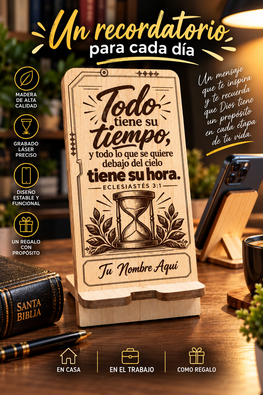 Porta Celular Porta Celular Premium en Madera – Todo tiene su tiempo | Eclesiastés 3:1