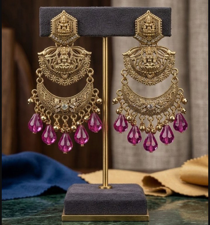 Premium Antique Gold-Plated Goddess Lakshmi Temple Chandbali Jhumka Earrings with Colourful Bead Drops for Women & Girls