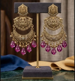 Premium Antique Gold-Plated Goddess Lakshmi Temple Chandbali Jhumka Earrings with Colourful Bead Drops for Women & Girls