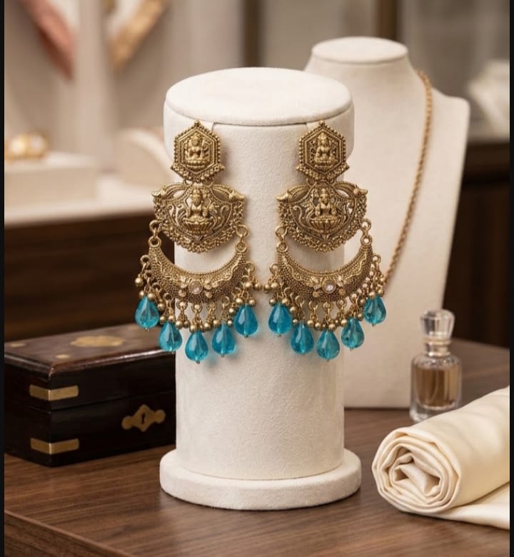 Premium Antique Gold-Plated Goddess Lakshmi Temple Chandbali Jhumka Earrings with Colourful Bead Drops for Women & Girls_1