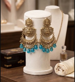 Premium Antique Gold-Plated Goddess Lakshmi Temple Chandbali Jhumka Earrings with Colourful Bead Drops for Women & Girls