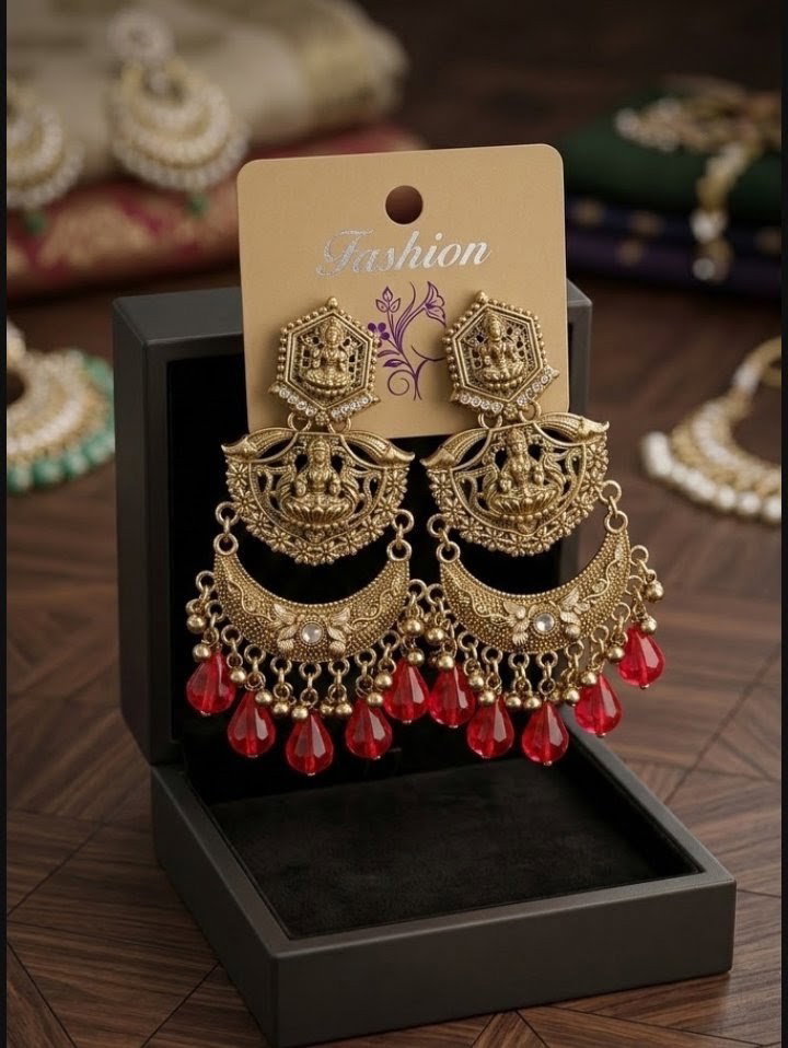 Premium Antique Gold-Plated Goddess Lakshmi Temple Chandbali Jhumka Earrings with Colourful Bead Drops for Women & Girls_2