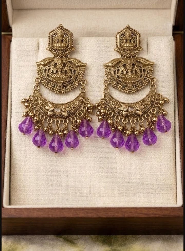 Premium Antique Gold-Plated Goddess Lakshmi Temple Chandbali Jhumka Earrings with Colourful Bead Drops for Women & Girls_3