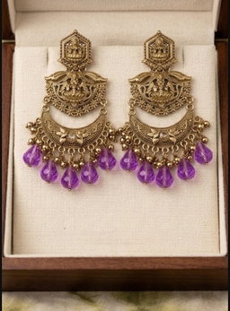 Premium Antique Gold-Plated Goddess Lakshmi Temple Chandbali Jhumka Earrings with Colourful Bead Drops for Women & Girls