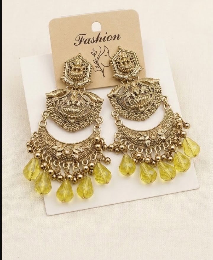 Premium Antique Gold-Plated Goddess Lakshmi Temple Chandbali Jhumka Earrings with Colourful Bead Drops for Women & Girls_4