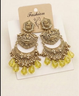 Premium Antique Gold-Plated Goddess Lakshmi Temple Chandbali Jhumka Earrings with Colourful Bead Drops for Women & Girls