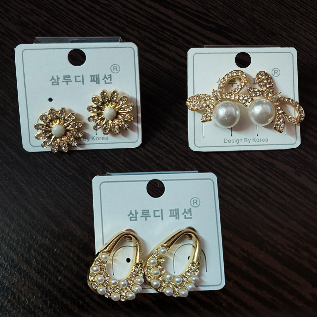 Pearl & Sparkle Trio – 3 Pairs Earrings Combo